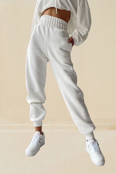 Sun Victoria Γυναικείο λευκό παντελόνι Jogger με εξαιρετικά ψηλή μέση και χοντρή ζώνη με φλις εσωτερικά