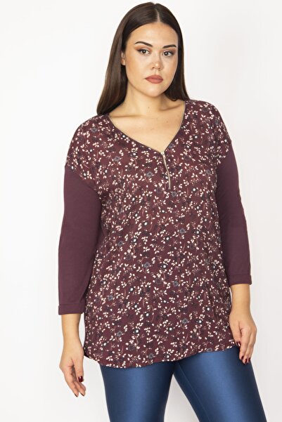 Şans Γυναικεία Μπλούζα με μανίκια Κάπρι με φερμουάρ μπροστά δαμάσκηνο μεγάλου μεγέθους 65n34386