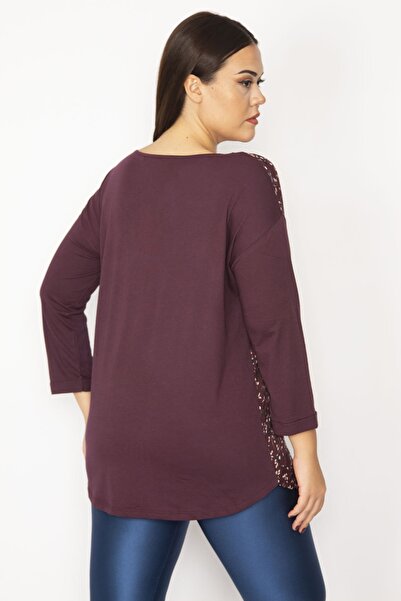 Şans Women's Large Size Plum Front Patterned Zipper Placket Capri Sleeve Blouse 65n34386