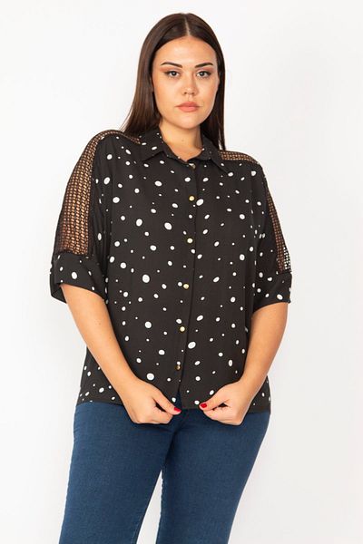 Şans Women's Large Size Black Sleeve Lace Detailed Metal Button Blouse 65n28991
