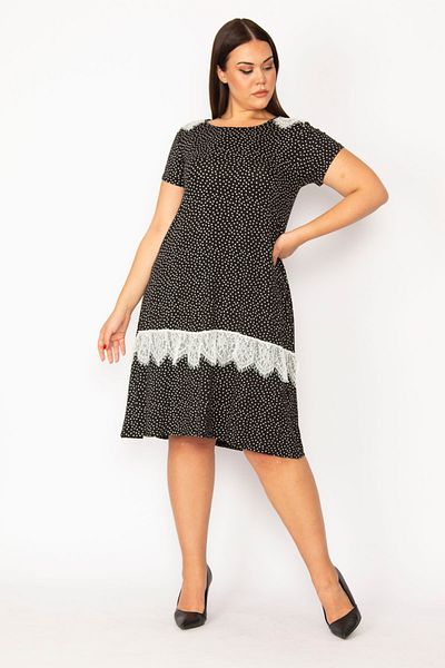 Şans Women's Large Size Black Lace Detailed Viscose Dress 65n28958