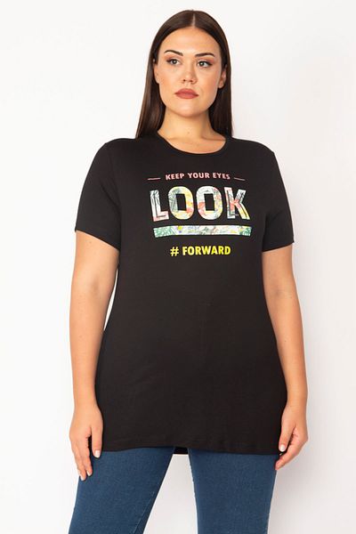 Şans Women's Large Size Black Digital Printed Blouse 65n28861