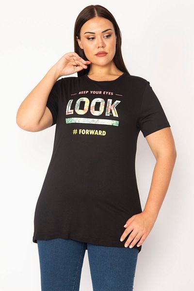 Şans Women's Large Size Black Digital Printed Blouse 65n28861