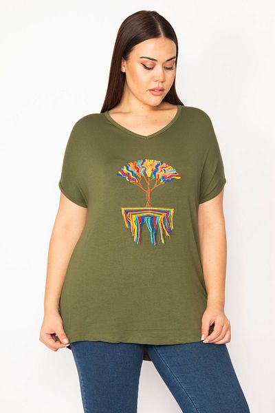 Şans Women's Large Size Khaki Embroidery Detailed Low Sleeve Viscose Blouse 65n29506