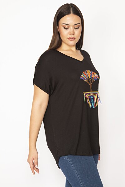 Şans Γυναικεία μπλούζα βισκόζης σε μεγάλο μέγεθος μαύρο κέντημα με λεπτομερή χαμηλά μανίκια 65n29506