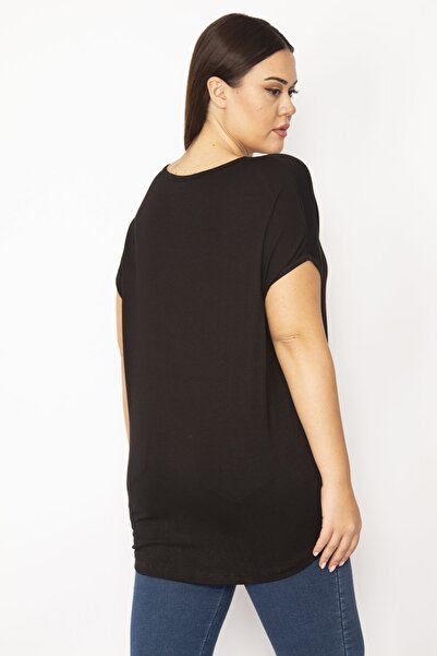 Şans Γυναικεία μπλούζα βισκόζης σε μεγάλο μέγεθος μαύρο κέντημα με λεπτομερή χαμηλά μανίκια 65n29506