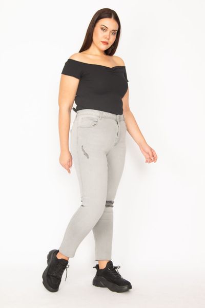 Şans Pantaloni skinny de mărime mare din Lycra gri - Detaliu rupt blugi, 5 bu...