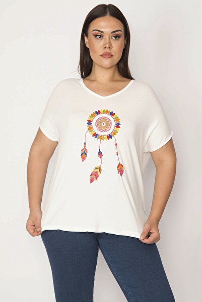 Şans Women's Large Size Bone Embroidery Detailed V-Neck Low Sleeve Blouse 65n29513