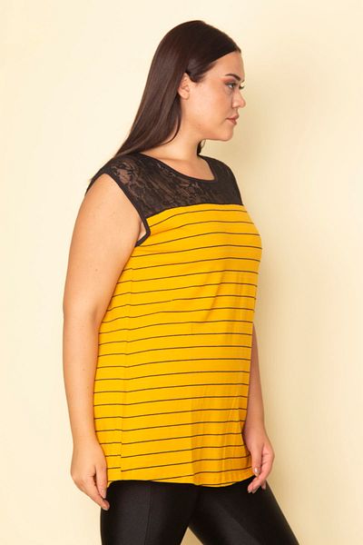Şans Women's Large Size Yellow Robe Lace Striped Blouse 65n28868