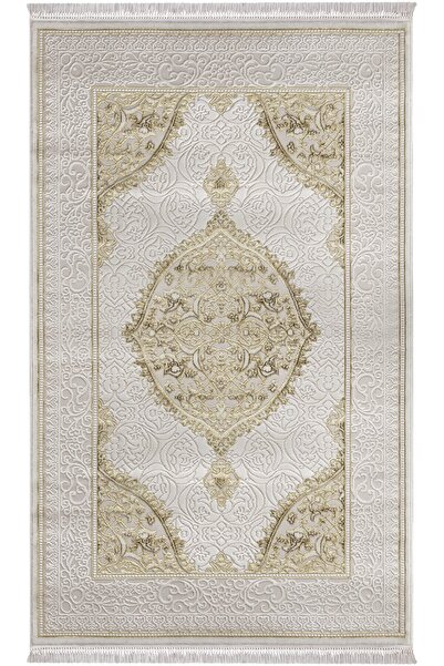 SULTAN HALI Krem Renkli Gold Çerçeve Detaylı Antibakteriyel Dokuma Makine Halısı