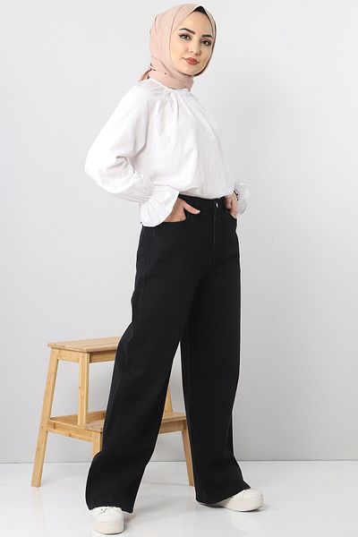Trn JNS Pantaloni Palazzo cu blugi largi din Lycra neagră cu talie super înaltă. (SUPER ÎNALT.) Picior lat.