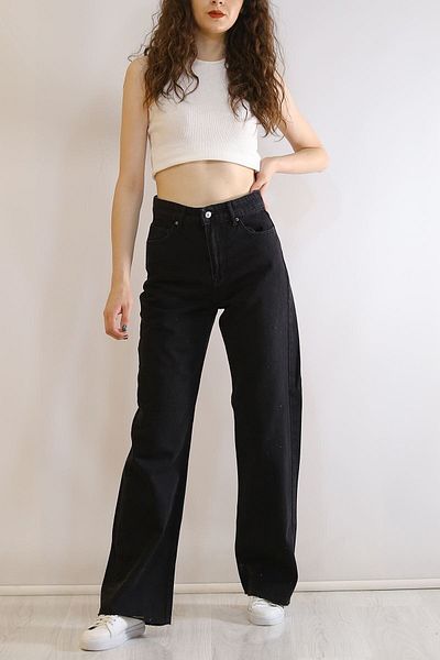 Trn JNS Pantaloni Palazzo cu blugi largi din Lycra neagră cu talie super înaltă. (SUPER ÎNALT.) Picior lat.
