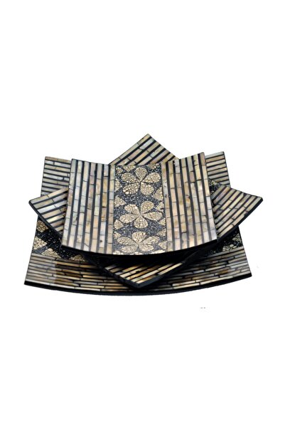 Misiny 3'lü Mozaik Sedef Kakma Kare Tabak Seti