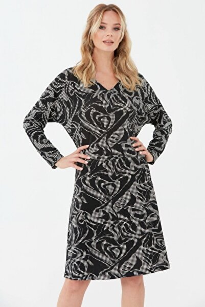 Selen Giyim V Yaka Düşük Kol Emprime Elbise