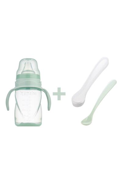 Mamajoo Educational Cup with Handle 270 ml & Double Feeding Spoon Powder Green