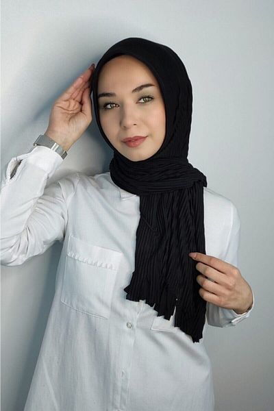 modi Pleated Practical Combed Cotton Ready-made Shawl Black
