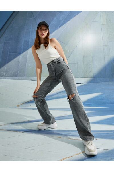 Koton High Waist String Ripped Wide Leg Jeans