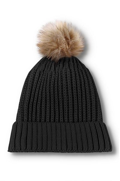nettofit Beretă de damă cu pompon din blană din lână neagră