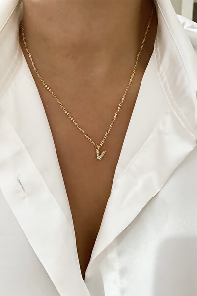 Clare's Store Ince Zincir Zirkon Taşlı Harf Kolye V Harfi