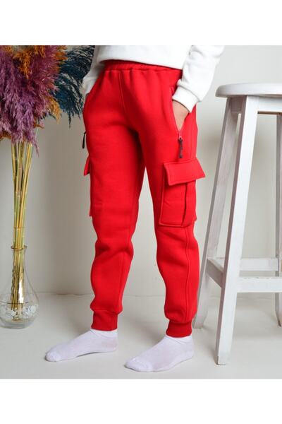 KİDSPİTİRCİK Unisex Kids Red Cargo Pocket 3ip Thick Fleece Tracksuit Bottom