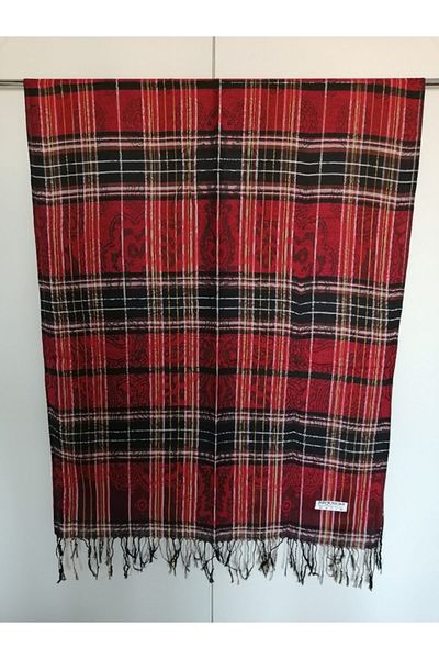 Butik Tülin Unisex Authentic Acrylic Claret Red Multi-Colored Striped Tassel Shawl