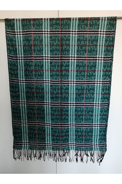 Butik Tülin Unisex Authentic Acrylic Petrol Green Multicolor Striped Tassel Shawl