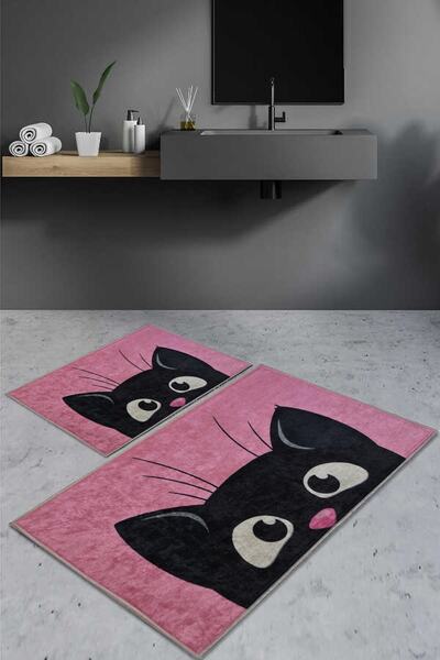 Decomia Home Bază anti-alunecare imprimată digital Black Cat Des.roz Covoraș de baie dublu D8008