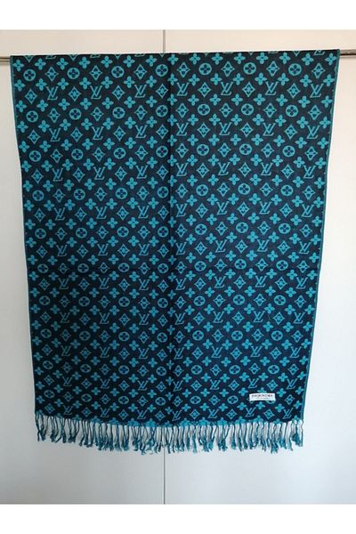 Butik Tülin Unisex Authentic Viscous Turquoise Black Patterned Tasseled Double Sided Shawl