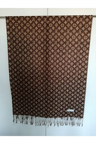 Butik Tülin Unisex Authentic Viscous Brown Beige Patterned Tasseled Double Sided Shawl