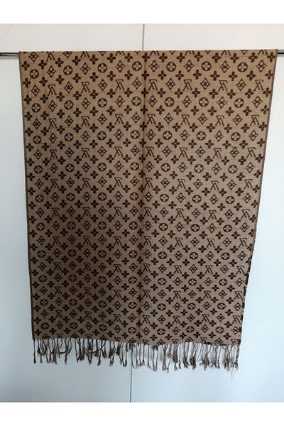 Butik Tülin Unisex Authentic Viscous Brown Beige Patterned Tasseled Double Sided Shawl