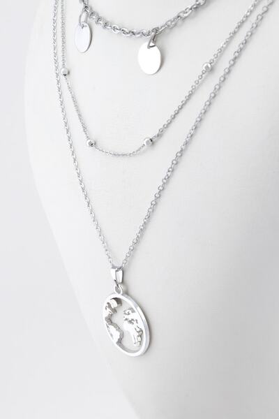 Sortie Aksesuar Çelik Dünya Ve Pul Figürlü Kolye Kombini Seti 328