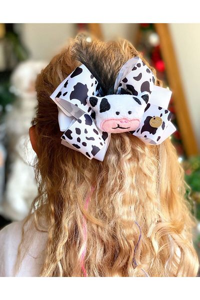 QUEEN AKSESUAR Cute Design Large Plush Cow Bow Furry Metal Clip Buckle