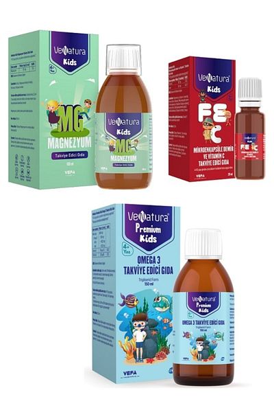 VeNatura Magnesium 125 Mg 100ml + Microen Capsule - Iron and Vitamin C Drops + Omega 3 150 ml