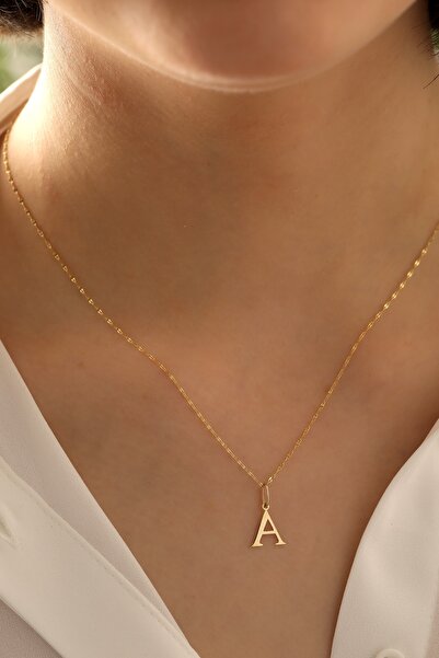MİLET KUYUMCULUK 14 Ayar Altın Ince Aynalı Zincir A Harfi Plaka Kolye