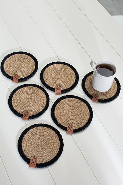 Homever Straw Coaster 6 Pieces 13cm - Black Striped Jute Rope Candle Coaster Coffee Presentation Set Mug Coaster