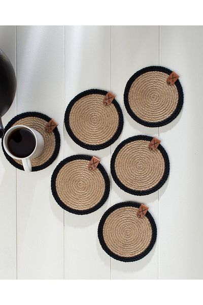 Homever Straw Coaster 6 Pieces 13cm - Black Striped Jute Rope Candle Coaster Coffee Presentation Set Mug Coaster