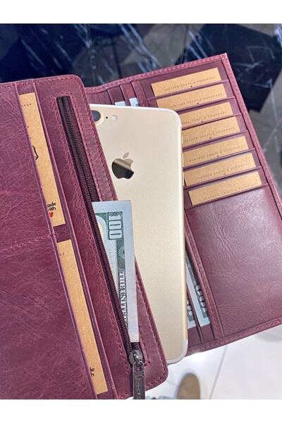 Fil Deri Genuine Leather Wallet with Phone Compartment Zipper Compartment Women's Burgundy Color 2013