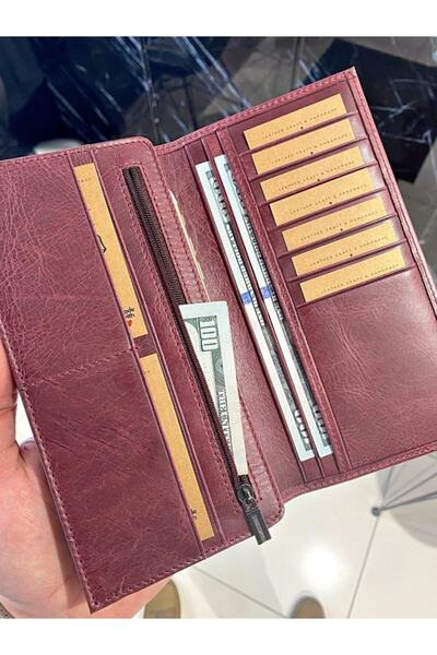 Fil Deri Genuine Leather Wallet with Phone Compartment Zipper Compartment Women's Burgundy Color 2013