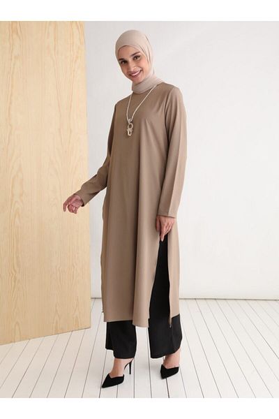 Tavin Pendant Detailed Long Slit Tunic Pants Double Set - mink -