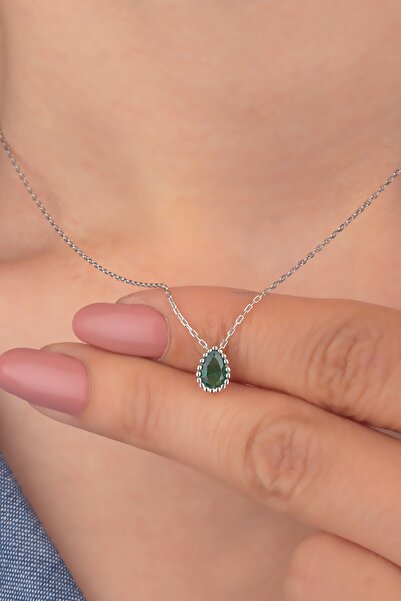 Miavi Silver 925 Ayar Gümüş Zümrüt Taşlı Damla Kolye