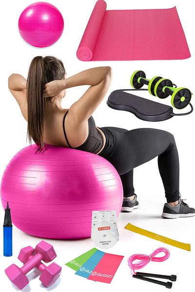 Jet 13-Piece Pilates Set Ball, 3-Piece Pilates Band Rubber Dumbbell Mat Jump Rope Revoflex Wheel Pink
