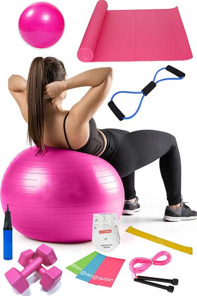 Jet 13-Piece Pilates Set Ball, 3-Piece Pilates Band Rubber Dumbbell Mat Jump Rope Resistance Band Pink