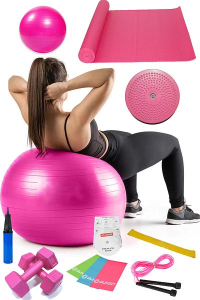 Jet 13-Piece Pilates Set Ball, 3-Piece Pilates Band Elastic Dumbbell Mat Jump Rope Twister Disc Pink