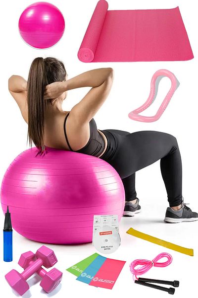 Jet 13-Piece Pilates Set Ball, 3-Piece Pilates Band Elastic Dumbbell Mat Jump Rope Yoga Ring Pink