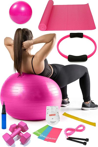 Jet 13-Piece Pilates Set Ball, 3-Piece Pilates Band Elastic Dumbbell Mat Jump Rope Pilates Circle Pink