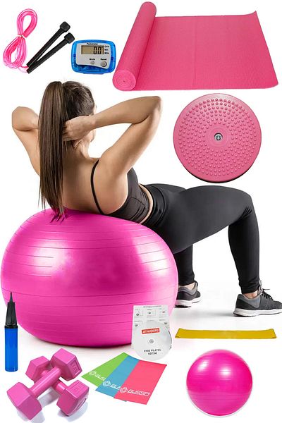 Jet 14-Piece Pilates Set Ball, 3-Piece Pilates Band Dumbbell Mat Jump Rope Twister Aerobic Pedometer Pink