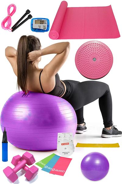 Jet 14-Piece Pilates Set Ball, 3-Piece Pilates Band Dumbbell Mat Jump Rope Twister Aerobic Pedometer Purple