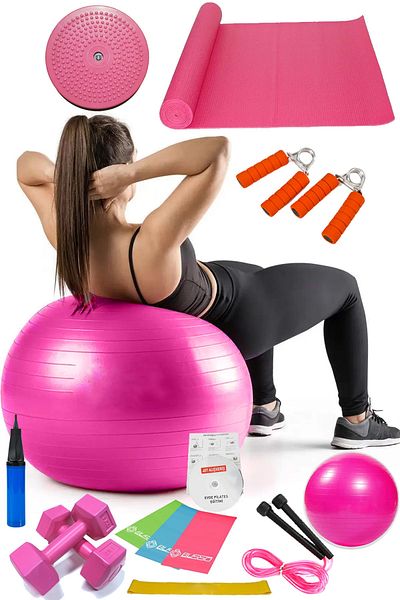 Jet 14-Piece Pilates Set Ball, 3-Piece Pilates Band Dumbbell Mat Jump Rope Twister Aerobic Hand Spring Pink