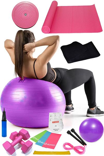 Jet 14-Piece Pilates Set Ball, 3-Piece Pilates Band Dumbbell Mat Jump Rope Twister Aerobic Thermal Belt Purple