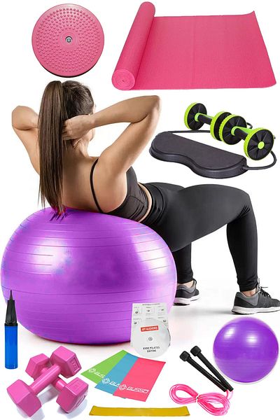 Jet 14-Piece Pilates Set Ball, 3-Piece Pilates Band Dumbbell Mat Jump Rope Twister Aerobic Revoflex Purple